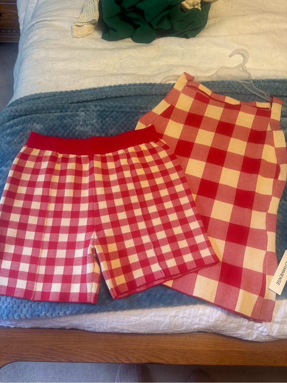 Commense Red and Cream Gingham High-Waist Knit Shorts